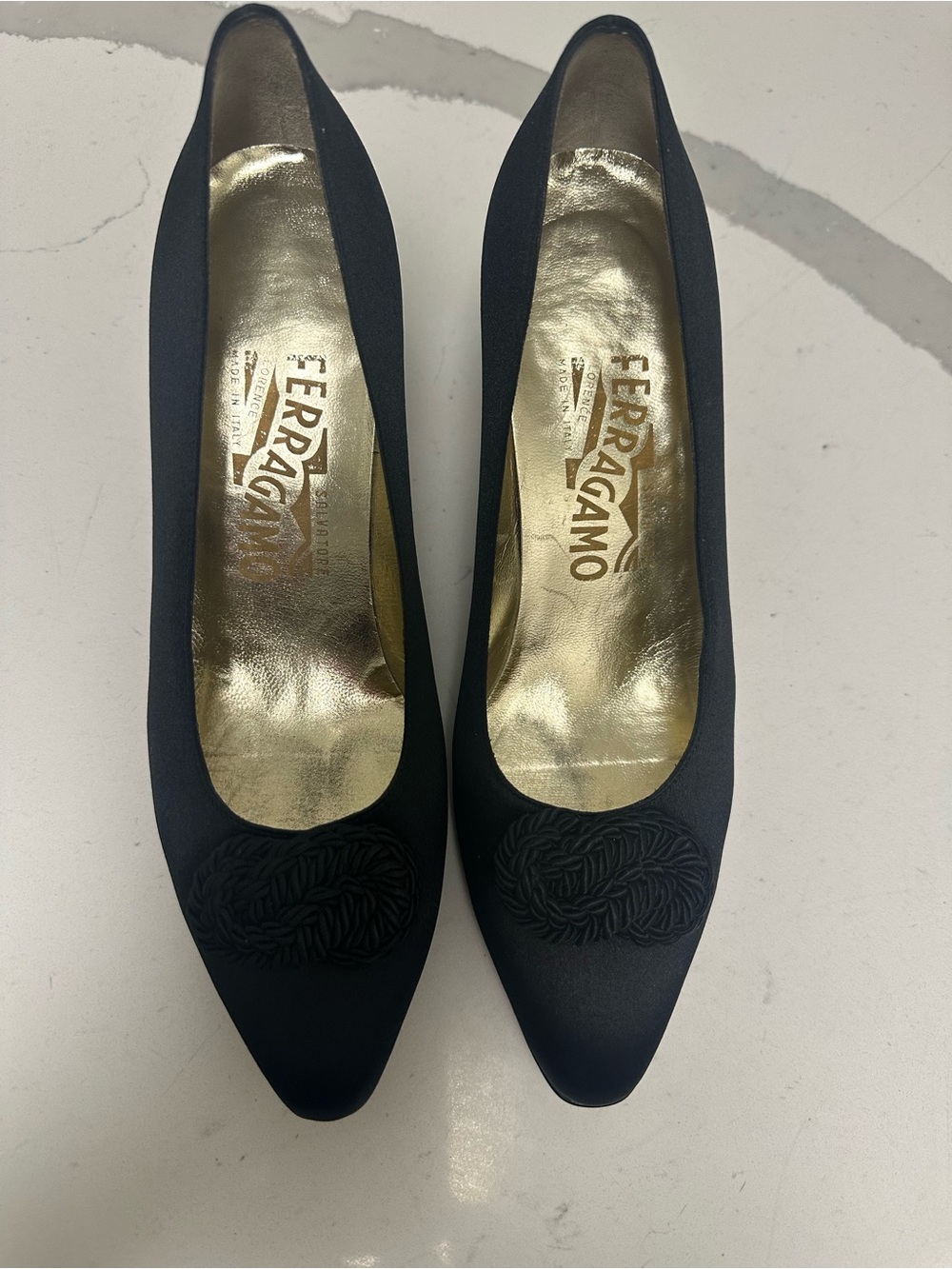 Salvatore Ferragamo Black Satin Pointed Toe Pumps with Knot Detail